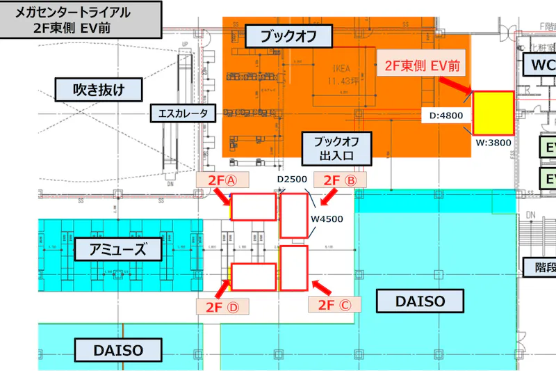 【メガセンタートライアル伊勢崎中央店】NEW！食物販やPR活動に最適な「2F東側 EV前」スペース　※買取系催事NG