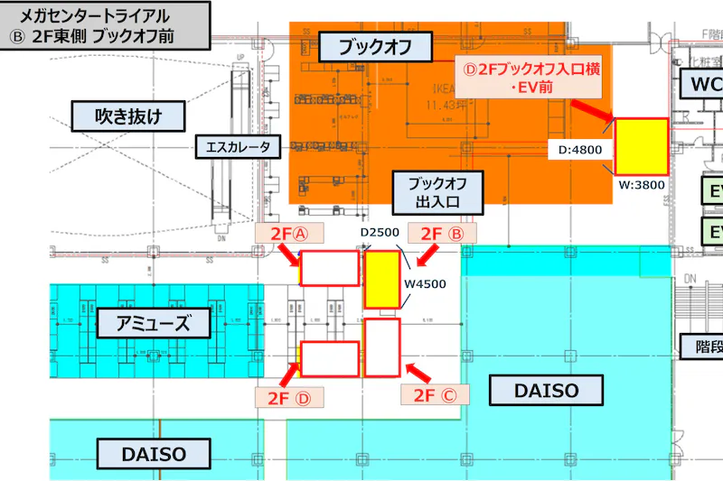 【メガセンタートライアル伊勢崎中央店】NEW！食物販やPR活動に最適な「Ⓑ 2F東側 ブックオフ前」　※買取系催事NG