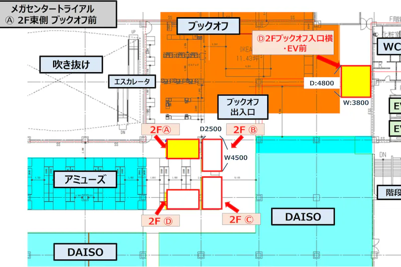 【メガセンタートライアル伊勢崎中央店】NEW！食物販やPR活動に最適な「Ⓐ 2F東側 ブックオフ前」　※買取系催事NG
