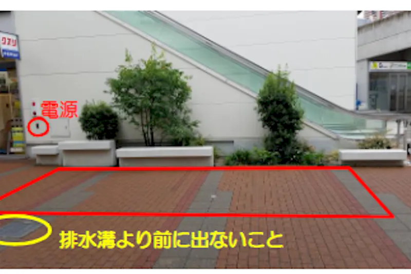 【もりのみやキューズモールBASE】「④1F オーエスドラッグ前」エスカレーター横で通行量の多い、キッチンカー催事向けの屋外スペース