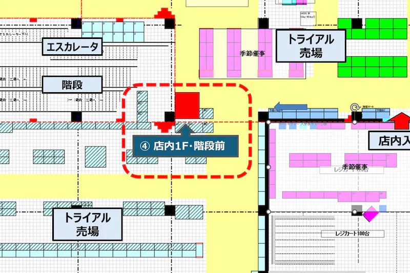 【メガセンタートライアル八千代店】食物販やPR活動に最適な「④ 店内1F・階段前」スペース（※買取催事不可）