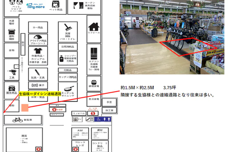 【ダイシン幸町店】サイクルセンター前　プロモーションや物販に最適なホームセンター内階段前の催事イベントスペース