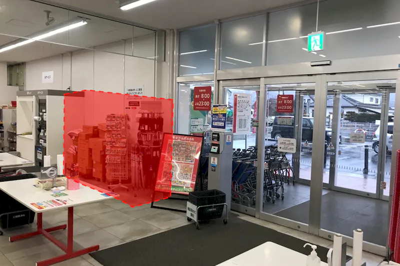 【西友　松川店】店内入口横（レジ前）　プロモーション用途や物販、食物販のポップアップストアに最適なスーパー店内催事イベントスペース